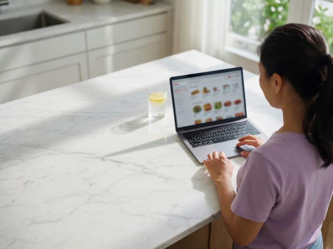 A neighbor checking out online from a clean kitchen island.
