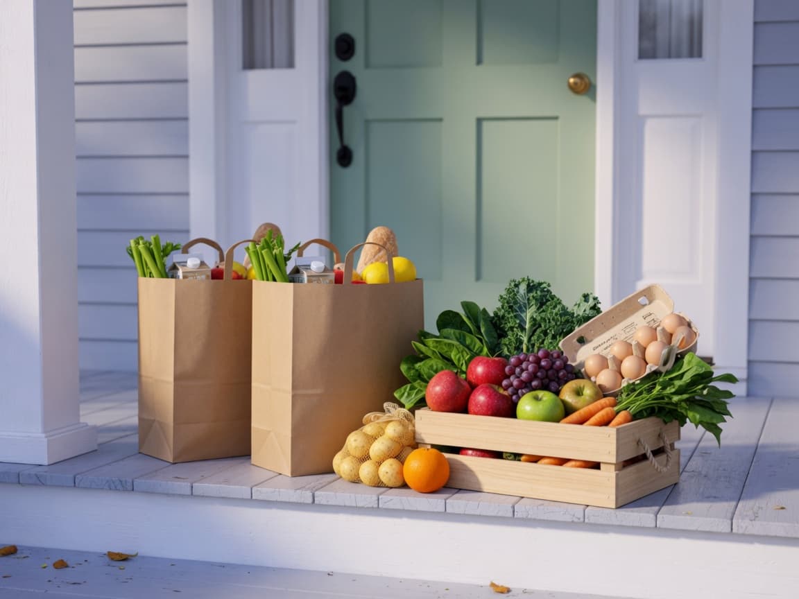 Grocery bags and a crate of fresh produce waiting at the front door.