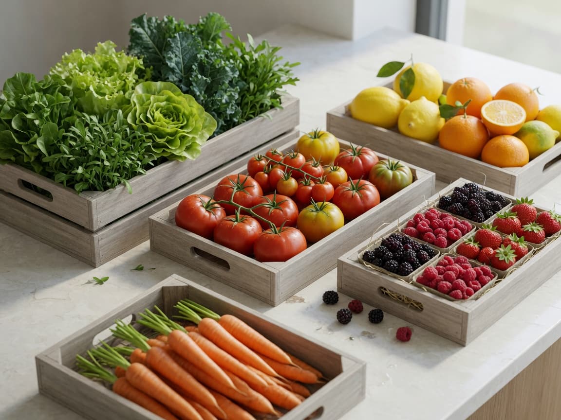 Fresh greens, tomatoes, citrus, berries, and carrots in grocery crates.